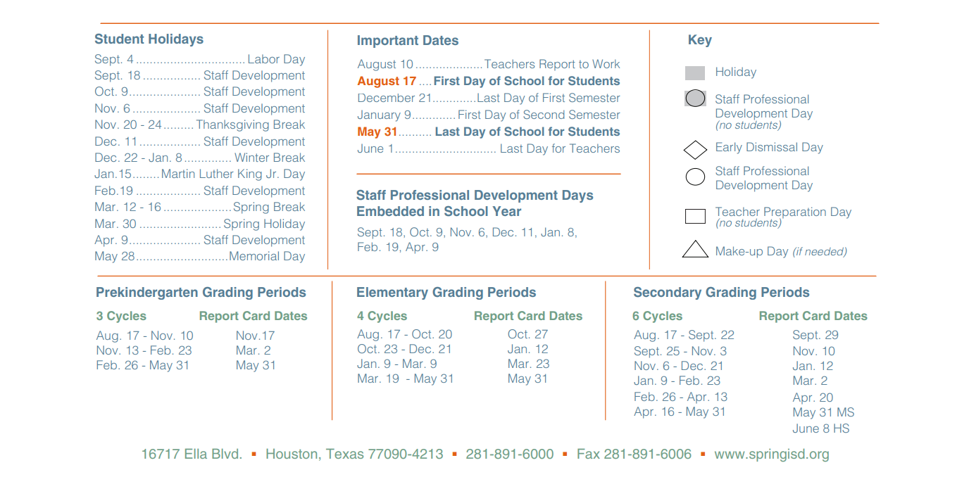 District School Academic Calendar Key for Spring High School