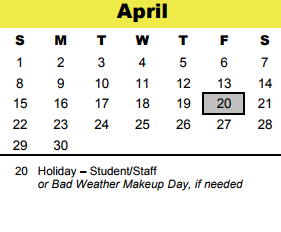 District School Academic Calendar for Shadow Oaks Elementary for April 2018