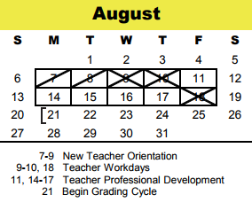 District School Academic Calendar for Bunker Hill Elementary for August 2017