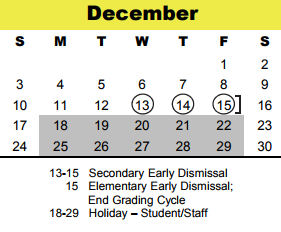 District School Academic Calendar for Cornerstone Academy for December 2017