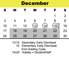 District School Academic Calendar for Northbrook Middle for December 2017