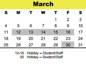 District School Academic Calendar for Treasure Forest Elementary for March 2018