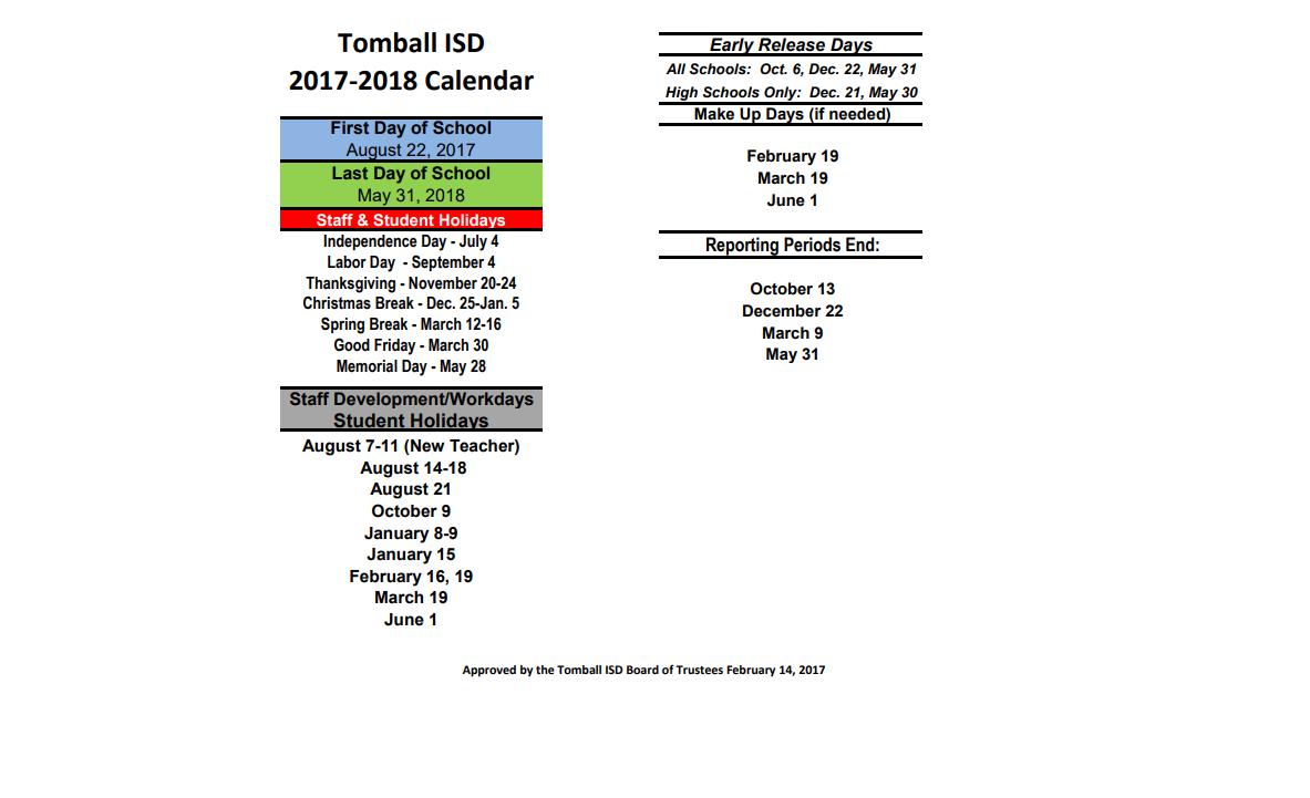 District School Academic Calendar Key for Tomball High School