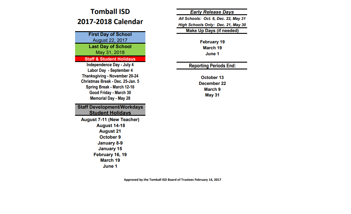 District School Academic Calendar Key for Tomball Elementary