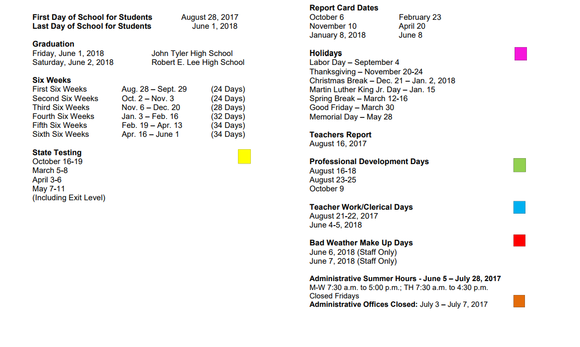 District School Academic Calendar Key for Clarkston Elementary