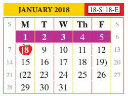 District School Academic Calendar for Juvenille Justice Alternative Prog for January 2018