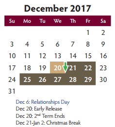 District School Academic Calendar for Collin Co J J A E P for December 2017