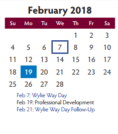 District School Academic Calendar for Mcmillan Junior High School for February 2018