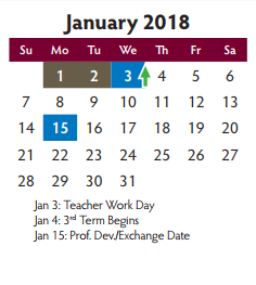 District School Academic Calendar for Collin Co J J A E P for January 2018