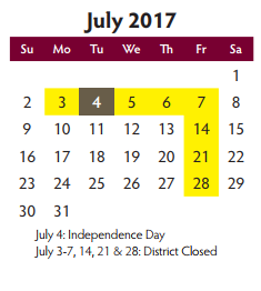 District School Academic Calendar for Mcmillan Junior High School for July 2017