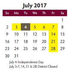 District School Academic Calendar for Groves Elementary School for July 2017