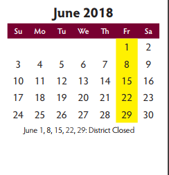 District School Academic Calendar for Hartman Elementary for June 2018