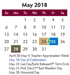 District School Academic Calendar for Smith Elementary for May 2018