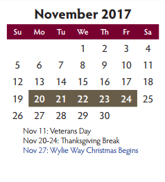 District School Academic Calendar for Burnett Junior High School for November 2017