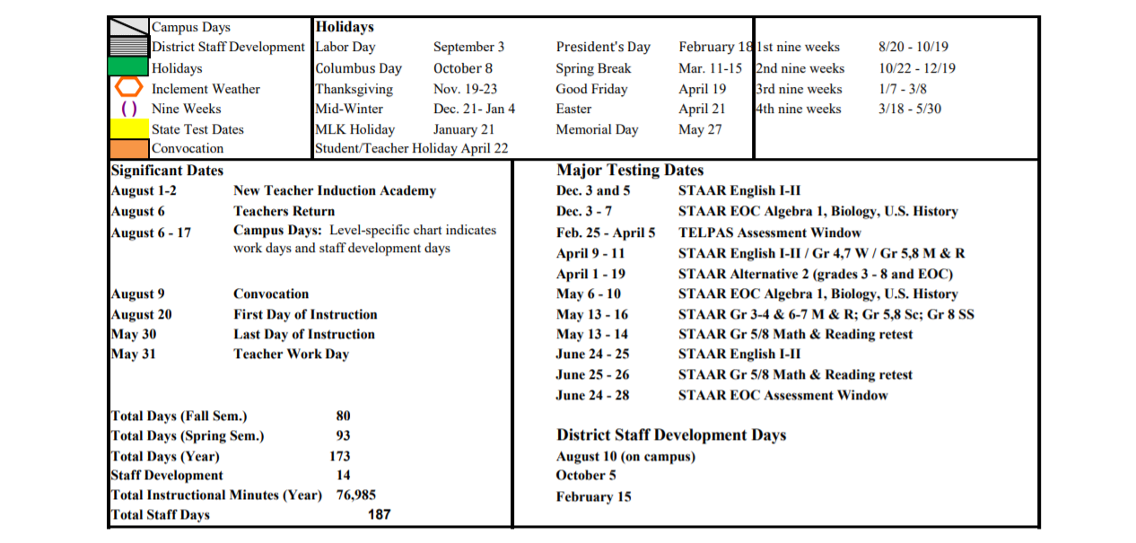 District School Academic Calendar Key for Carroll Academy