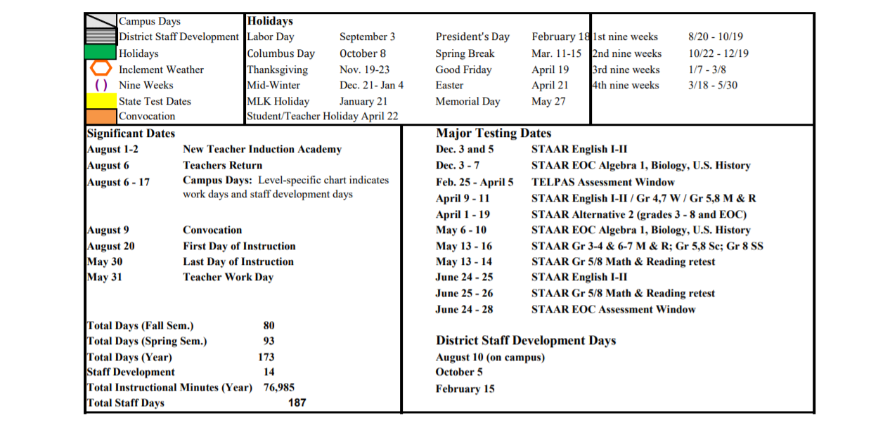 District School Academic Calendar Key for Carmichael Elementary