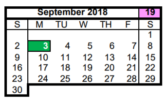 District School Academic Calendar for Aldine Ninth Grade School for September 2018