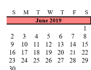 District School Academic Calendar for G W Harby Junior High for June 2019