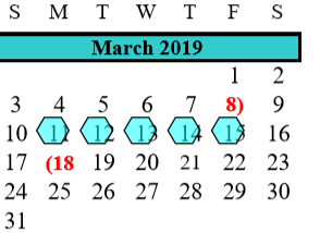 District School Academic Calendar for Brazoria Co J J A E P for March 2019