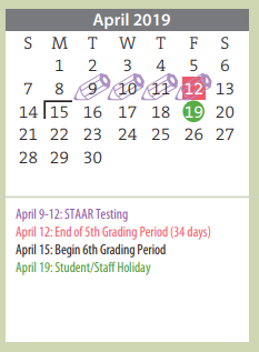 District School Academic Calendar for Amarillo Area Ctr For Advanced Lrn for April 2019