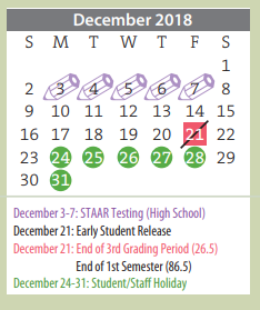 District School Academic Calendar for Pleasant Valley Elementary for December 2018