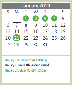 District School Academic Calendar for Sunrise Elementary for January 2019