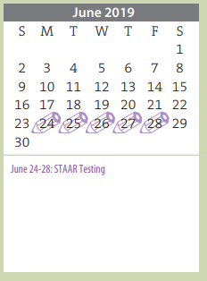 District School Academic Calendar for Amarillo Area Ctr For Advanced Lrn for June 2019