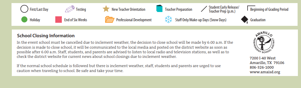District School Academic Calendar Key for Amarillo Area Ctr For Advanced Lrn
