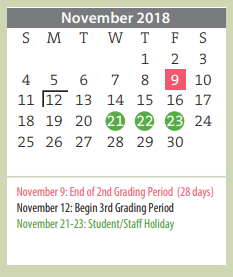 District School Academic Calendar for Pleasant Valley Elementary for November 2018