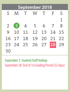 District School Academic Calendar for Sunrise Elementary for September 2018