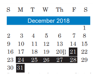 District School Academic Calendar for Alternative Learning Center for December 2018
