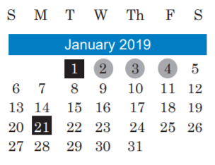 District School Academic Calendar for Richards Sch For Young Women Leade for January 2019