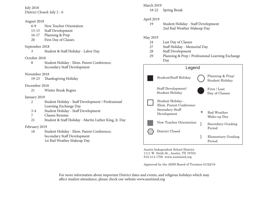 District School Academic Calendar Key for Maplewood Elementary