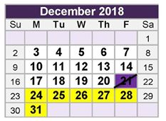 District School Academic Calendar for Tarrant Co J J A E P for December 2018