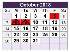 District School Academic Calendar for Tarrant Co J J A E P for October 2018