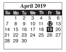 District School Academic Calendar for Sharp Elementary for April 2019