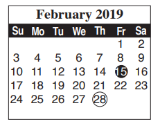 District School Academic Calendar for Cameron Co J J A E P for February 2019
