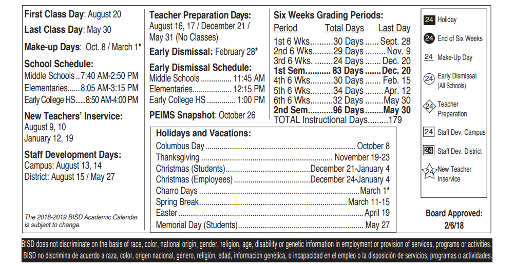 District School Academic Calendar Key for Cameron Co J J A E P