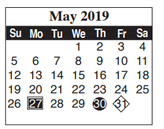 District School Academic Calendar for Adult Ed for May 2019