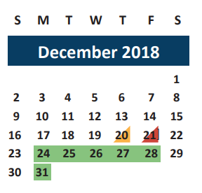 District School Academic Calendar for Brazos Co Juvenile Detention Cente for December 2018