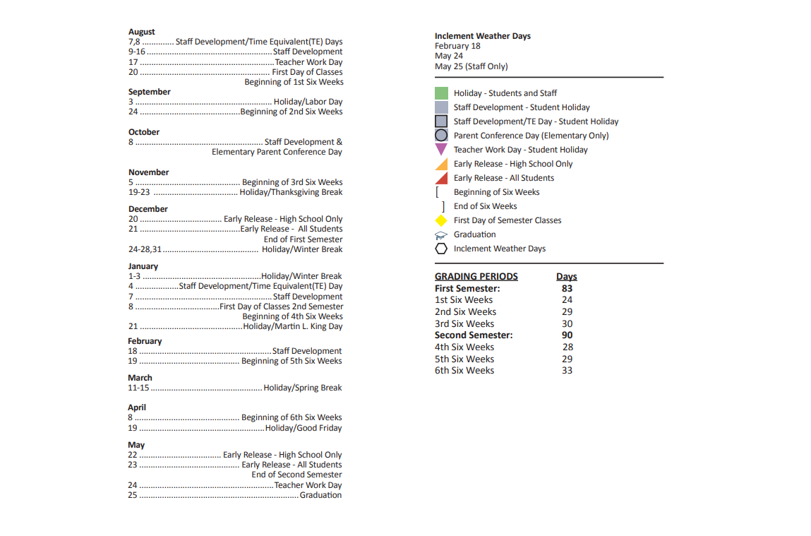 District School Academic Calendar Key for Fannin Elementary