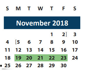 District School Academic Calendar for Brazos Co Juvenile Detention Cente for November 2018