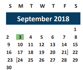 District School Academic Calendar for Brazos Co Juvenile Detention Cente for September 2018