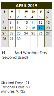 District School Academic Calendar for Pre-k Ctr II for April 2019