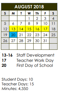 District School Academic Calendar for Ranchview High School for August 2018