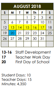 District School Academic Calendar for Pre-k Ctr II for August 2018