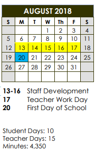 District School Academic Calendar for Las Colinas Elementary for August 2018