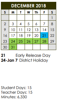 District School Academic Calendar for Kelly Pre-kindergarten Center for December 2018