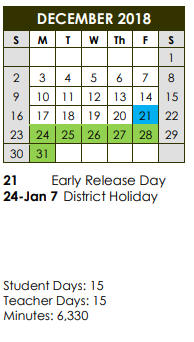 District School Academic Calendar for Pre-k Ctr II for December 2018