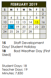 District School Academic Calendar for Pre-k Ctr II for February 2019